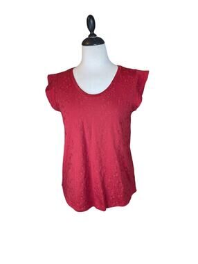 Loft Women's Medium Petite Red Cap Sleeve Stretch Top Floral Embroidery
